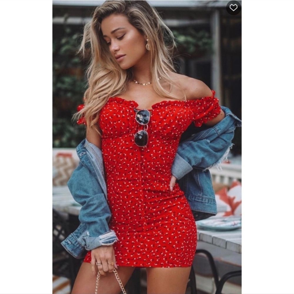 White Fox Force of Nature red print ruffle tie front neck mini dress